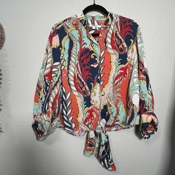 Chico's Tie Front Kimono Heavy Crinkle Gauze Size 8 Med Southwestern Boho Luxe - Picture 6 of 8